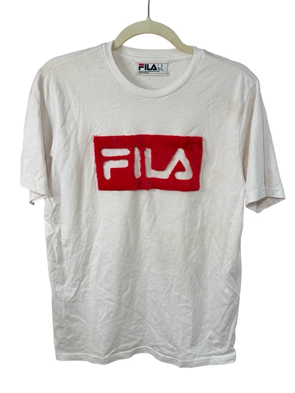 Fila White Short Sleeve Tee with Red FUZZY Logo Patch